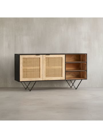 KADIMA DESIGN Sideboard 145x75x40cm Mango Massivholz/Rattan Kommode mit 2 Türen