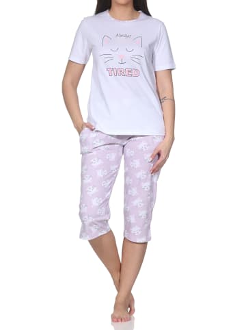 NORMANN Kurzarm Capri Schlafanzug Pyjama Herz Katzenmotiv in flieder
