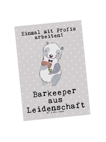 Mr. & Mrs. Panda Postkarte Barkeeper Leidenschaft mit Spruch in Grau Pastell