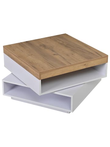 ABRIHOME Couchtisch in Weiß Holzton 360 Grad schwenkbar mit LED 65x65x40 cm