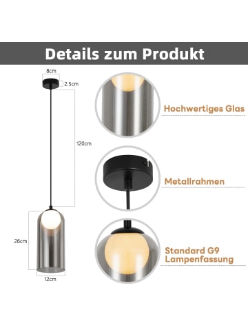 ZMH Pendelleuchte in rauchgrau Glas 1-flammige G9 Vintage H 120CM Oval