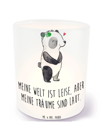 Mr. & Mrs. Panda Glas Windlicht Panda Gehörlos mit Spruch in Transparent