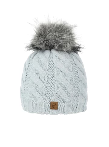 Faera Warmes Beanie mit Kunstfell Bommel Zopfmuster in Hellblau