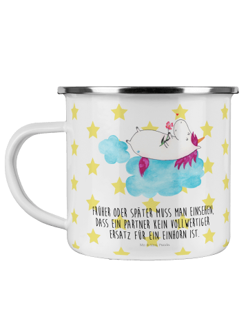 Mr. & Mrs. Panda Camping Emaille Tasse Einhorn Verliebt mit Spruch in Weiß