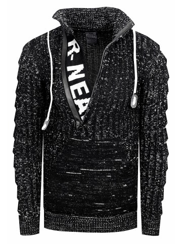 Rusty Neal 1/2 Zip Grobstrick Stehkragen-Pullover in Schwarz