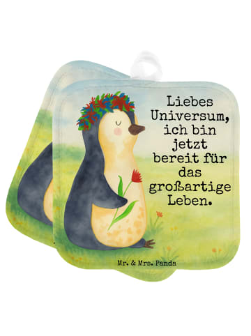 Mr. & Mrs. Panda Topfhandschuhe Pinguin Blumen Design mit Spruch in Weiß