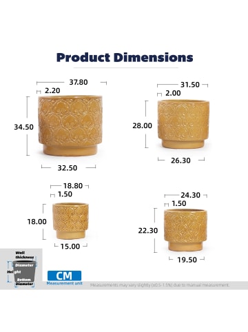 ABRIHOME Pflanztopf Set in Gelb 4-tlg Ø38/31,5/24/19 cm Keramik frostsicher