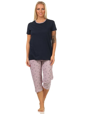 NORMANN Capri kurzarm Schlafanzug Pyjama Hose gestreift in navy