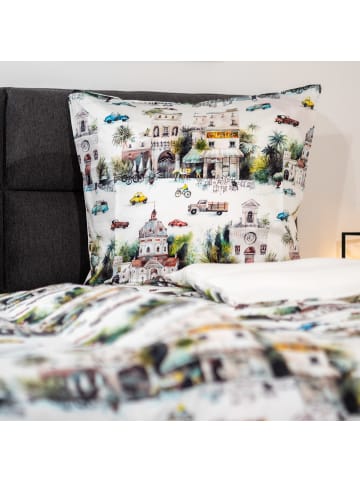 Janine Mako Satin Bettwäsche - Palmen Urlaubsort naturell  in weiß