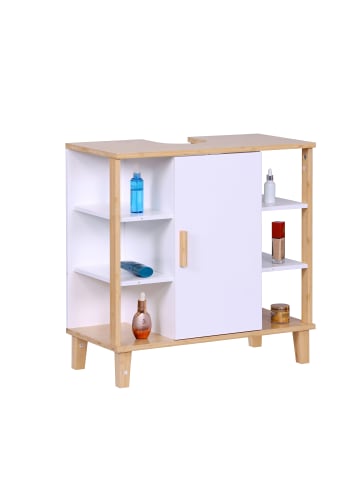 relaxdays Waschbeckenunterschrank in Weiß/ Natur - (B)64 x (H)65 x (T)31 cm