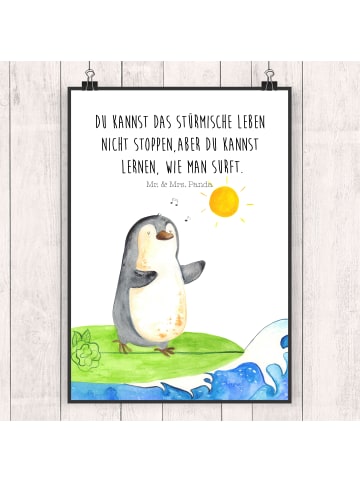 Mr. & Mrs. Panda Bild Pinguin Surfer mit Spruch in Weiß