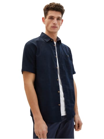 Tom Tailor Kurzarm Hemd mit Leinen Regular Freizeit Kent Kragen Design Shirt in Blau