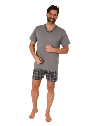 NORMANN Schlafanzug kurzarm Shorty mit karierter Jersey Hose - 86244 in grau