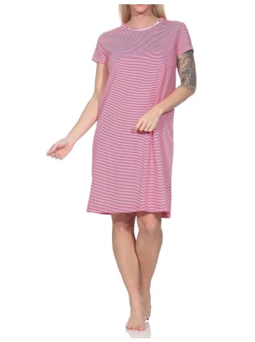 NORMANN Kurzarm Nachthemd Streifenoptik Spitzenbesatz Übergrößen in rot