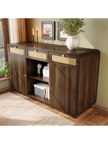 ABRIHOME Sideboard mit Rattan Goldgriffen und Offenes Regal 120x85x40 cm