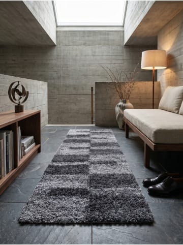 KADIMA DESIGN Teppich Hochflor Shaggy Waschbar Karo WERFEN Strapazierfähig in Grau