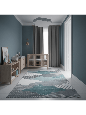 KADIMA DESIGN Kinderteppich Waschbar Wolken NOLA Strapazierfähig OEKO-TEX in Blau