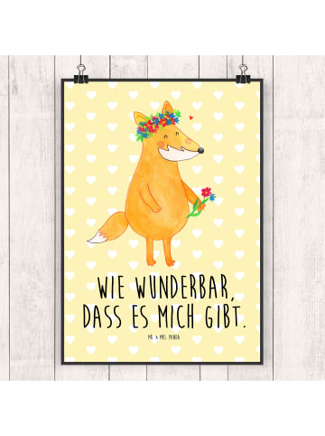 Mr. & Mrs. Panda Poster Fuchs Blumen mit Spruch in Gelb Pastell