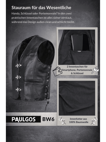 PAULGOS Lederweste Biker Kutte Echtleder BW6 in Schwarz