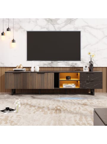 ABRIHOME LED TV-Schrank 200cm in Marmoroptik mit Holzmasertüren, 2 Türen & 2 Schubladen