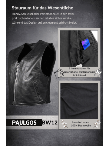 PAULGOS Lederweste Biker Kutte Echtleder BW12 in Schwarz
