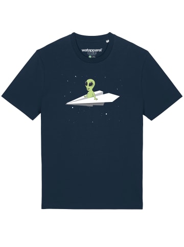 wat? Apparel T-Shirt Alien on a paper plane in Dunkelblau