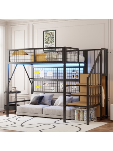 ABRIHOME Etagenbett in Schwarz mit LED Lichtleisten Treppe und Stauraum 90x200 cm