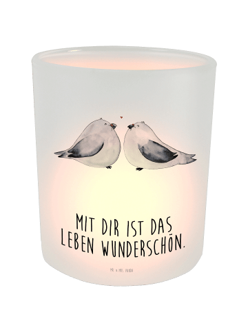 Mr. & Mrs. Panda Teelichthalter Glas Turteltauben Liebe mit Spruch in Transparent