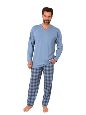 NORMANN Schlafanzug langarm mit karierter Jersey Hose in blau