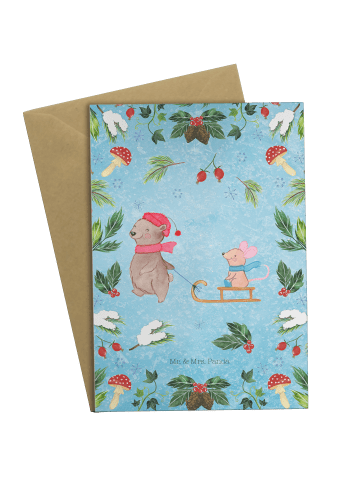 Mr. & Mrs. Panda Grußkarte Bär und Maus Schlitten ohne Spruch in Eisblau