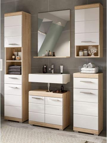 Inn.Furn Badmöbel-Setweiß Hochglanz, Eiche 5-teilig 164 cm, Komplettset mit viel Stauraum