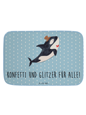 Mr. & Mrs. Panda Badezimmerteppich Orca Zylinder mit Spruch in Blau Pastell