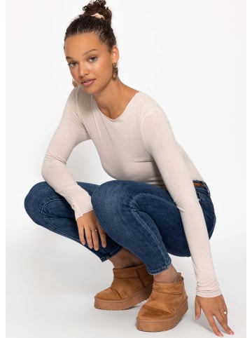 SASSYCLASSY Gestreiftes, leicht transparentes Langarmshirt mit Kaschmiranteil in Beige