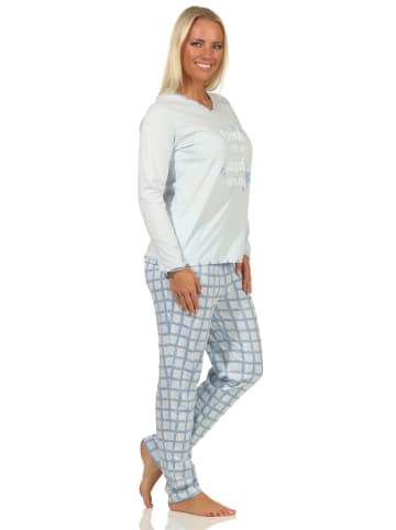 NORMANN Schlafanzug Pyjama karierter Jersey Hose in hellblau