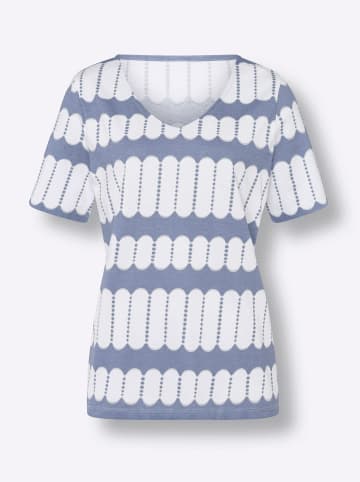 Sieh an! Kurzarm-Shirt in taubenblau-ecru-bedruckt