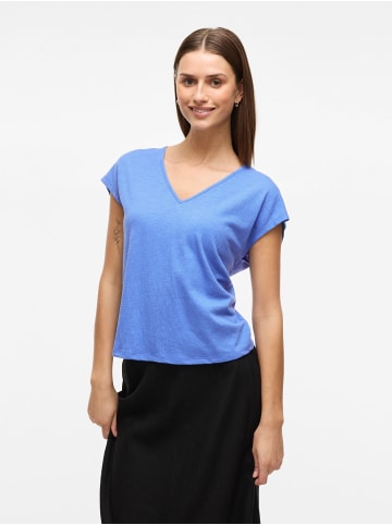 Vila Legere Shirt Bluse mit Spitzen Details V-Ausschnitt in Blau