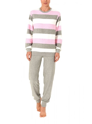 NORMANN Frottee Pyjama lang Bündchen Streifen - 65677 in rosa