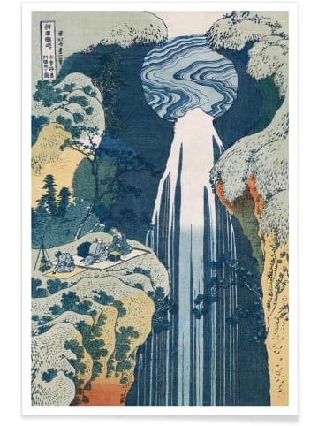 Juniqe Poster "Hokusai - Amida Waterfall on the Kiso Highway" in Blau & Cremeweiß