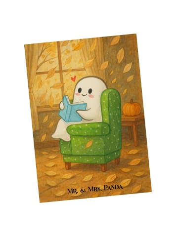 Mr. & Mrs. Panda Ansichtskarte Gespenst  Buch  Design ohne Spruch in Weiß