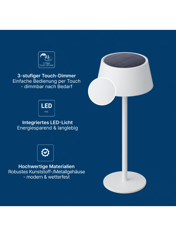 Brilliant Picco Solar-LED-Tischleuchte – Weiß, 30 cm, Akku & USB, dimmbar, IP44