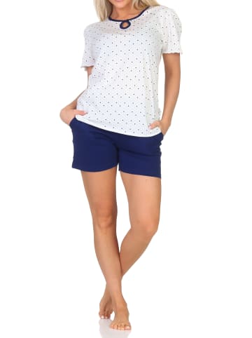 NORMANN Kurzarm Schlafanzug Pyjama Shorty Tupfen Punkte Optik in marine