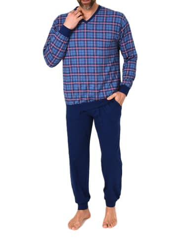 NORMANN Langarm Schlafanzug Bündchen Jersey und karierten Pyjama Oberteil in marine