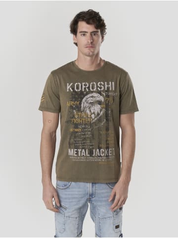 KOROSHI Crew cotton print-emb washed t-shirt in khaki