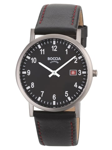 Boccia Herrenuhr Titan mit Lederband Schwarz/Rot