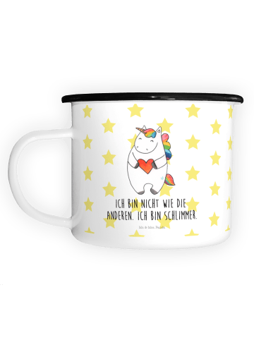 Mr. & Mrs. Panda XL Emaille Tasse Einhorn Herz mit Spruch in Weiß