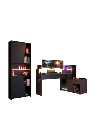 58 aufm Kessel GAMING SCHREIBTISCH Pasha 2 mit LED+Regal Holznachbildung Grau/Schwarz