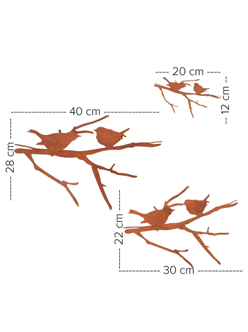 UNUS 3er Set Gartenstecker Rost Vögel auf Ast in Braun