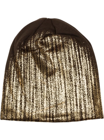 styleBREAKER Feinstrick Beanie Mütze in Dunkelbraun / Gold