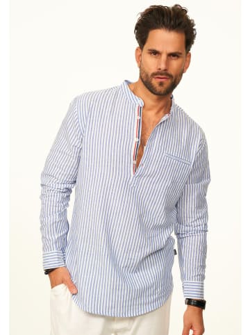 behype Langarmhemd - Gestreift im Regular-Fit mit Henley-Stehkragen in Blau