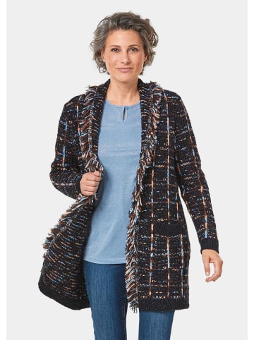 GOLDNER Kurzgröße:  Fransenstrickjacke in marine / gemustert